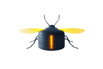 A futuristic firefly glowing brightly in the dark its body adorned with led lights and on transparent background