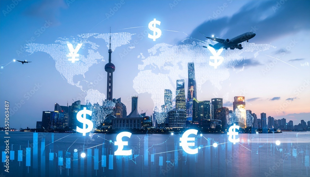 Poster overlay of different currency symbols and global landmarks with modern business chart lines in backg