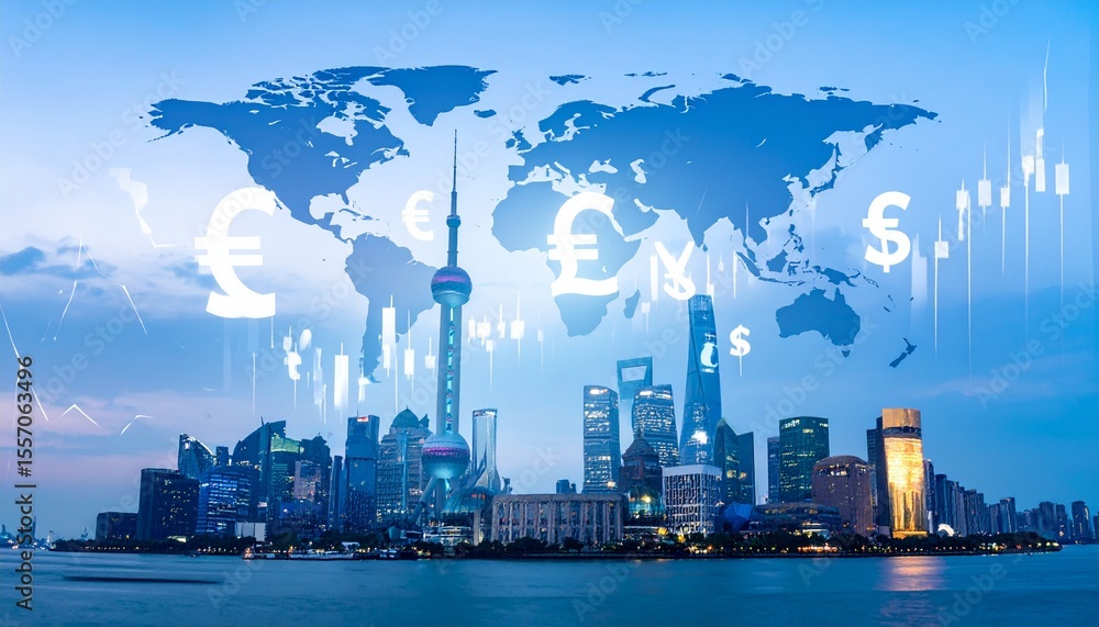 Poster overlay of different currency symbols and global landmarks with modern business chart lines in backg