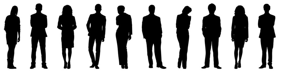 Set of black silhouette illustrations of multiple people standing