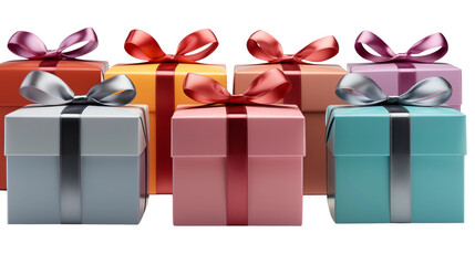 Vivid gift boxes adorn a pristine white backdrop, perfect for showcasing presents and festive celebrations or special occasions transparent.