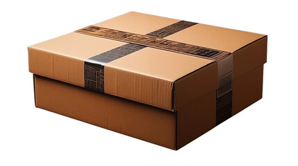 Isolated brown cardboard box secured with branded tape sits on a white background ready for shipping and delivery transparent.