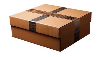 Isolated brown cardboard box secured with branded tape sits on a white background ready for shipping and delivery transparent.