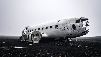 Airplane Crash Scene in Dense Foggy Weather with Dramatic and Mysterious Atmosphere