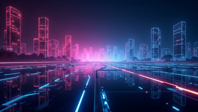 Neon Cityscape Night Pink Blue Skyline Reflective Road