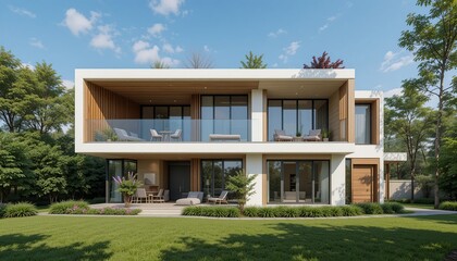 Contemporary Home Amidst Greenery: A striking, modern residence of clean lines and architectural beauty sits amid lush green lawns and vibrant trees under a bright, blue sky.