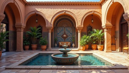 Moroccan Style Patio: An evocative architectural space features an open-air courtyard with elegant arches, lush greenery, and a captivating fountain, conveying a sense of peace and luxury.