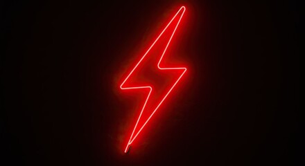 Neon red lightning bolt sign glowing against black background