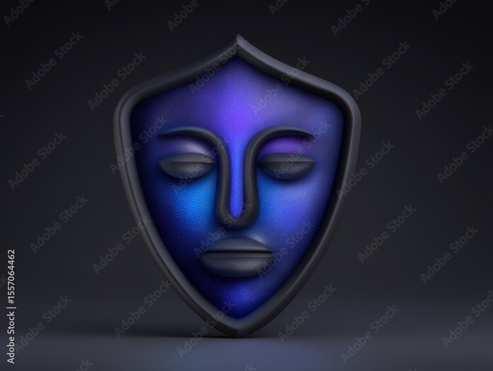 Poster metaphorical representation of digital identity showcased through a shield-like mask combining blue 