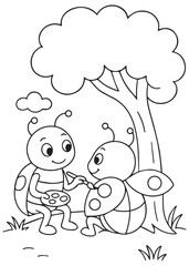 coloring book page two beetles chatting and draw under tree