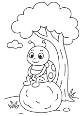 Coloring book vute beetle sit a rock under big tree