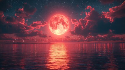 A red moon ascends over a tranquil ocean at night.