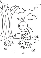 coloring book page beetle feeding caterpillars under tree