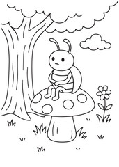 Fototapeta premium coloring book page beetle sitting on mushroom in forest