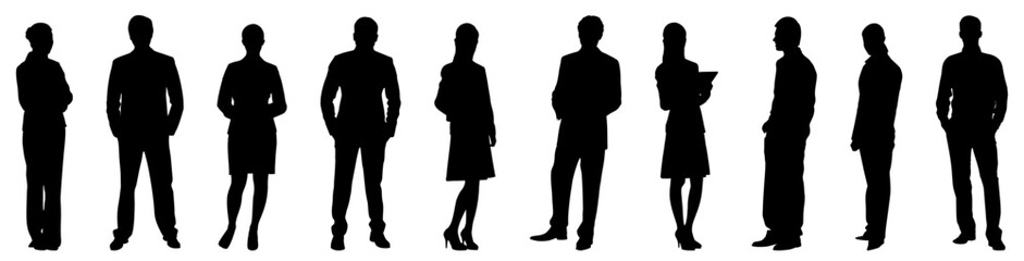 Set of black silhouette illustrations of multiple people standing