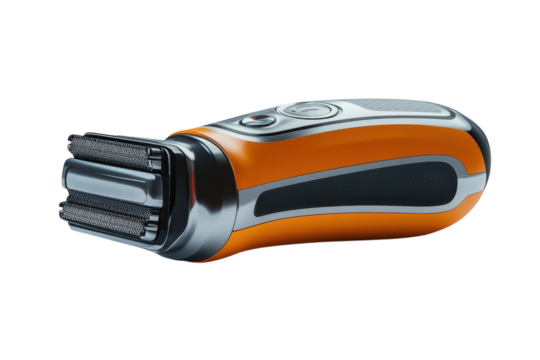 A modern electric shaver promising a smooth confident start to your day with its sleek orange on transparent background