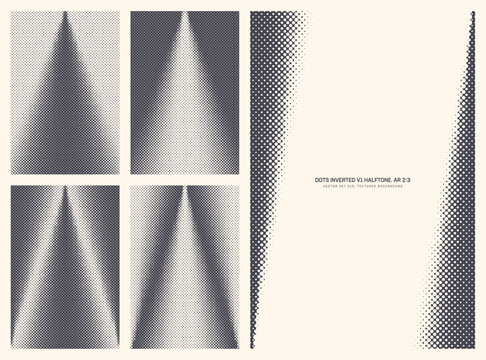 Assorted vector retro styled inverted dots halftone pattern set in vertical 2:3 aspect ratio including angular frame and various cone textures. Different offset print half tone design elements bundle