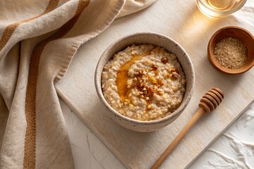 Warm bowl of oatmeal topped with honey and nuts, set on a textured surface with a cozy atmosphere