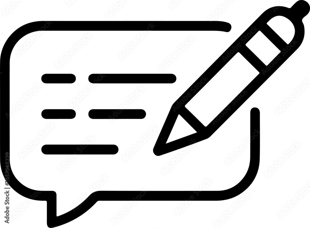 Poster simple black outline icon of a pen writing in a speech bubble with text lines