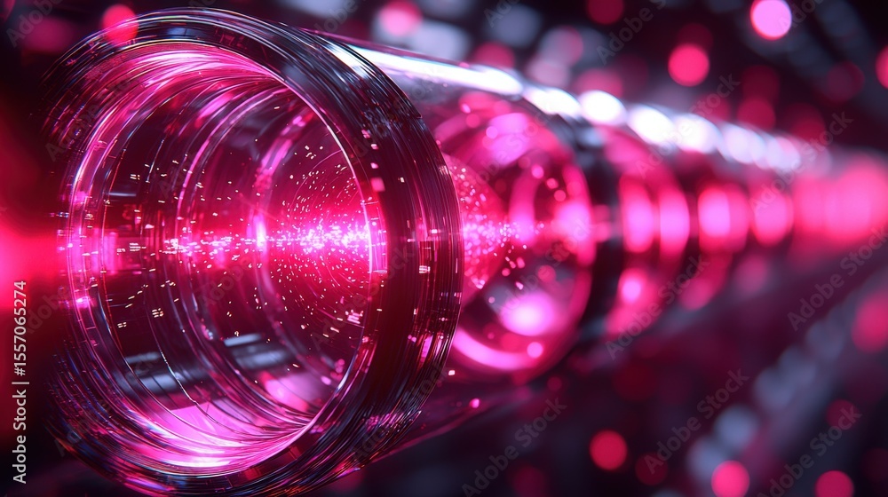 Poster a series of transparent cylindrical structures with bright pink light and particles within