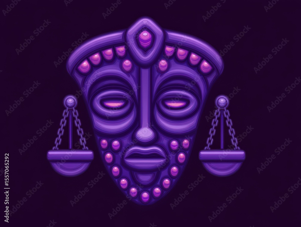Poster mystical purple mask symbolizing balance and justice highlighted against a dark gray background feat