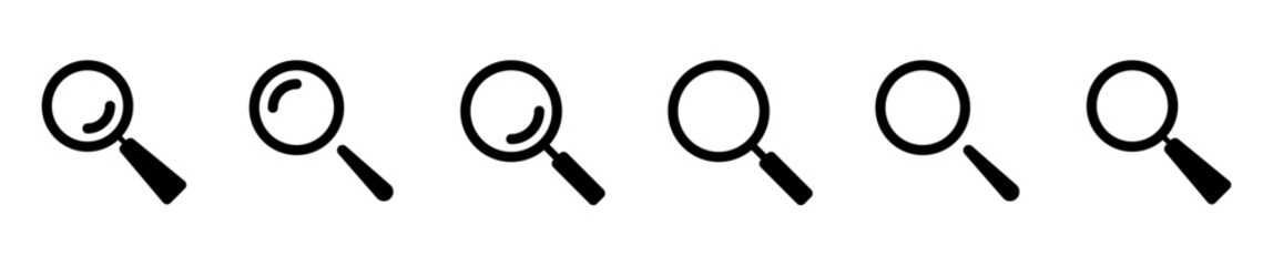 Magnifying Glass Icons Set. Search, Zoom In & Out Vector Symbols.