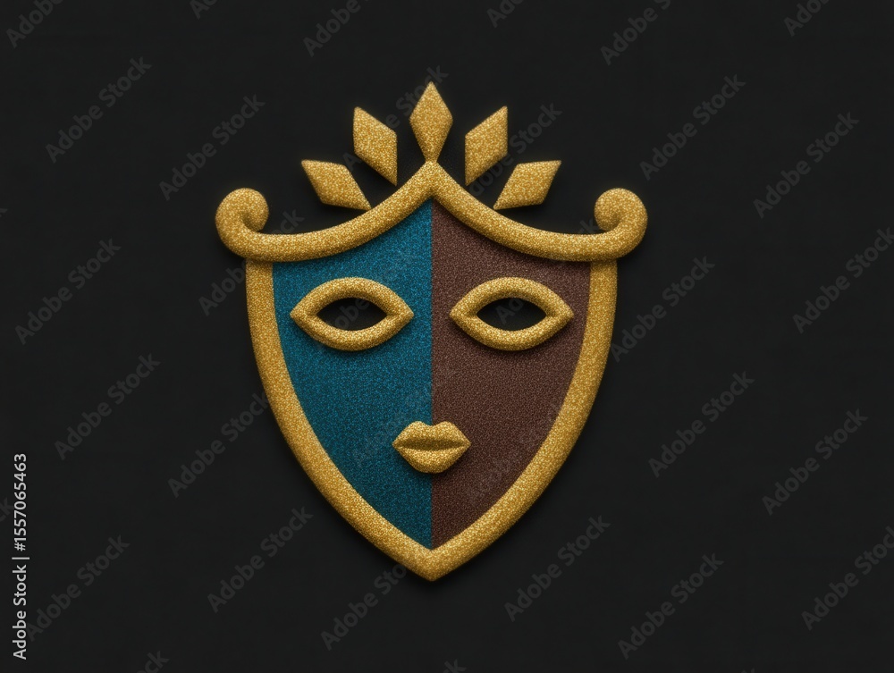 Poster abstract emblem showcasing face-shaped design adorned with textured layers in deep hues of turquoise