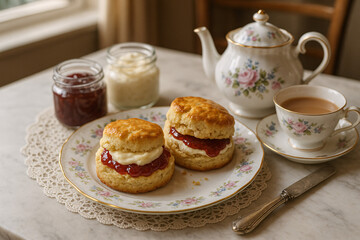 Traditional English Scones with Clotted Cream and Strawberry Jam for Afternoon Tea