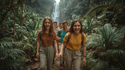 Group hiking through lush green jungle, waterfall in background. Adventure and exploration in nature.