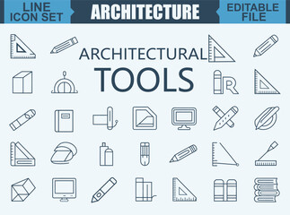 Architecture and design isolated icons set. Set of architectural project, blueprint, apartment plan, floorplan, divider, architecture drawing, architect, design tools vector icon