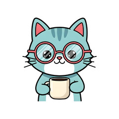Fototapeta premium Cute Cat Vector with Glasses and Coffee Mug Transparent Background