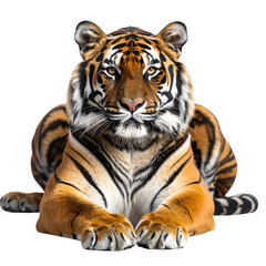 Obraz premium Resting Bengal tiger lying down with calm expression, front-facing view, isolated on transparent background PNG