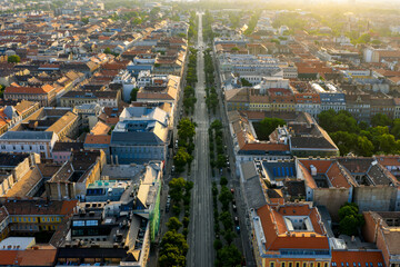Aerial cityscape of Budapest downtown. Andrassy street, view towards Heroes square from Oktogon.