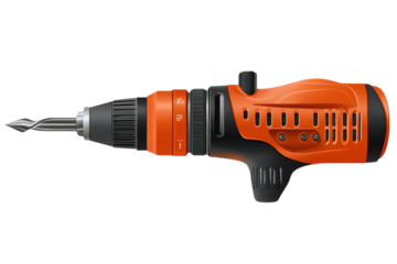 A powerful orange and black drill poised for precision work ready for your next DIY project on transparent background