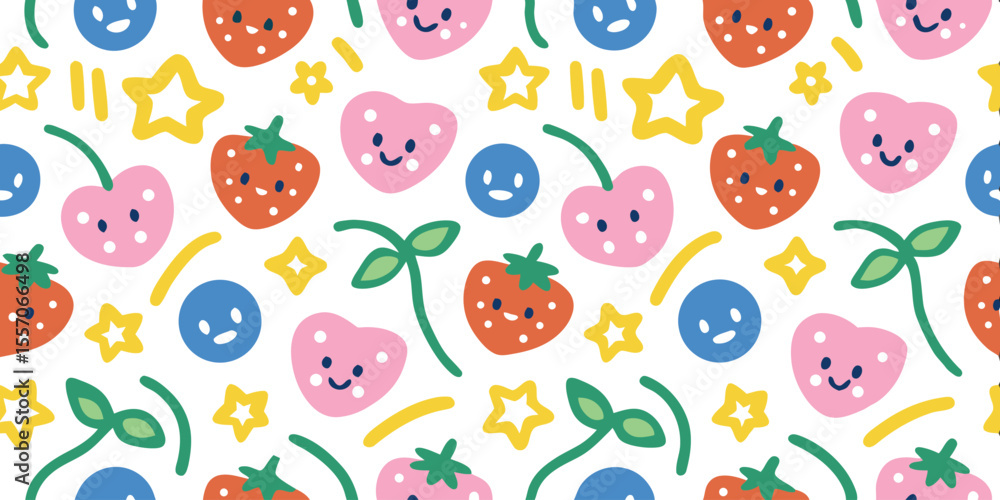Poster whimsical fruit pattern: a delightful seamless pattern bursting with adorable, smiling fruits and ch
