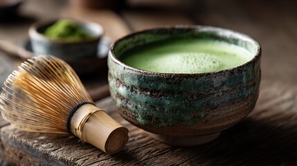 和の趣漂う抹茶と茶筅の伝統的な茶道風景