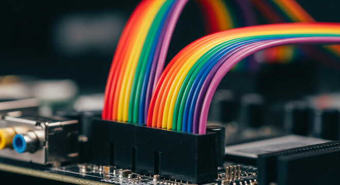 Colorful ribbon cable plugged into a modern computer motherboard conveys data signals and adds visual appeal to hardware components.