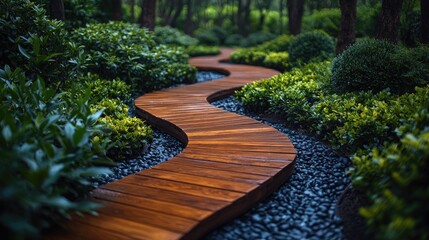 Obraz premium Winding wooden walkway through lush garden landscaping.