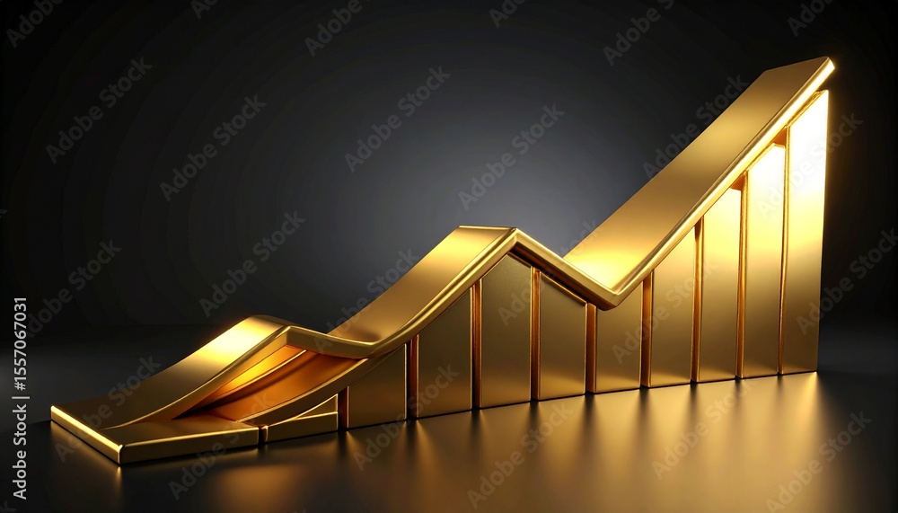 Poster golden financial graph lines curving upward across a clean black background with soft spotlight.