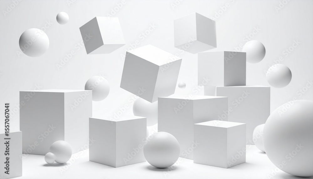 Poster floating 3d cubes and spheres in soft light gray on white canvas for modern presentation feel.