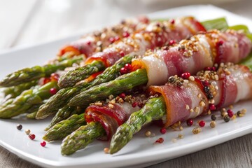Delicious asparagus wrapped in bacon strips, seasoned with colorful peppercorns, presented on a white plate, ready to be cooked
