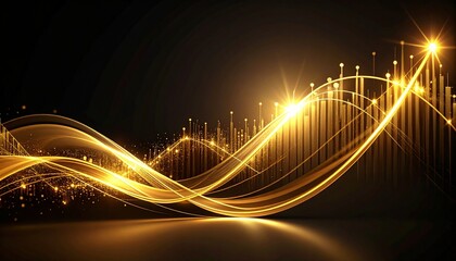 Golden financial graph lines curving upward across a clean black background with soft spotlight.
