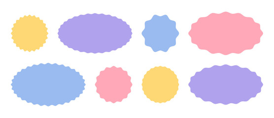 Collection of pastel shapes with corrugated edges. Scalloped frames, zigzag templates circles, ovals in pink, purple, blue, yellow colors.
