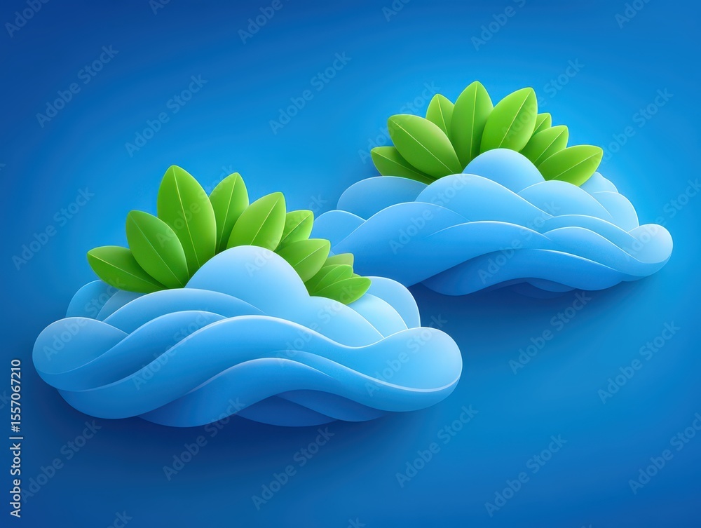 Poster abstract representation of clouds and greenery merging in a bold blue background showcasing a harmon