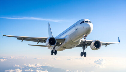 Fototapeta premium Modern Commercial Airplane Taking Off from Runway with Clear Sky and Dynamic Motion Scene