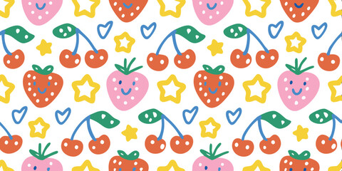 Fruity Fun: Whimsical, vibrant seamless pattern featuring smiling strawberries, bright cherries, cheerful stars, and dainty hearts, creating a playful and joyful design