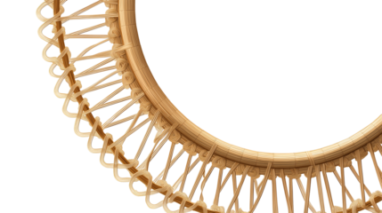 Boho rattan mirror with subtle golden light reflection, isolated on white, PNG