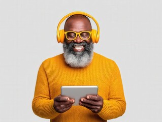 A joyful senior man wearing bright yellow headphones and a warm sweater while engaging with a digital tablet showcases the fusion of traditional wisdom and contemporary technology