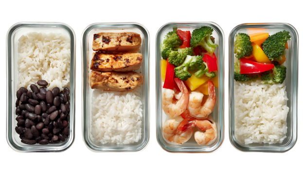 4 glass containers with different food items rice and chicken fillet, vegetables and shrimp, black beans. Flat lay, top view.