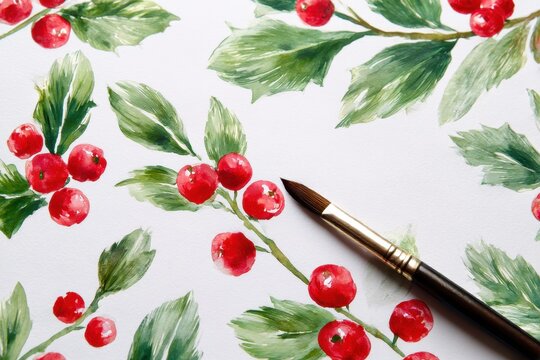 Christmas painting with holly berries, mistletoe and winter greenery with paintbrush on white background Festive surreal abstract design for logo symbol, greeting card.
